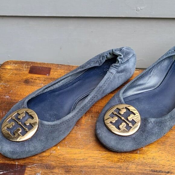 Tory Burch Navy Suede Reva Flats with Logo size 8 - Picture 3 of 12